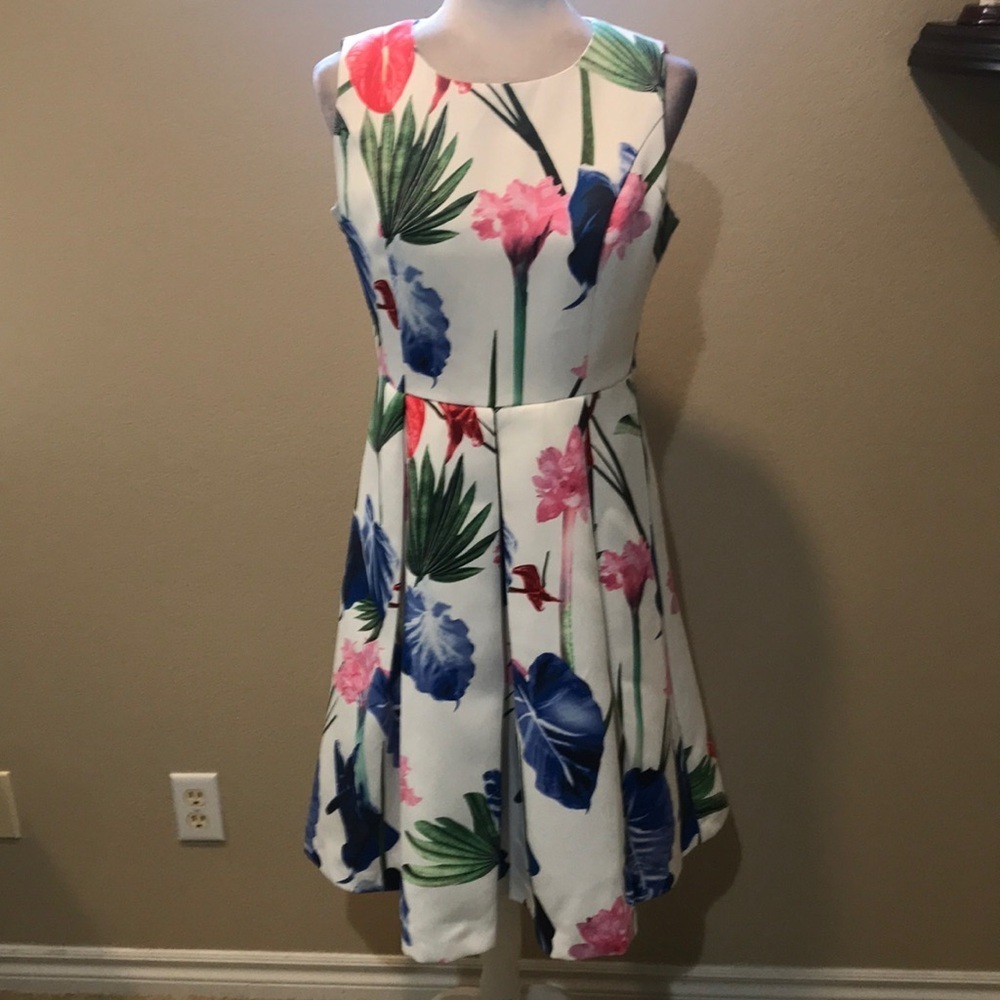 Bysi Floral Sleeveless Fit and Flare Pleated Midi Dress with Exposed Zip-Size L